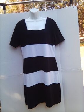 Black and White Striped Square-Neck Ladies Dress